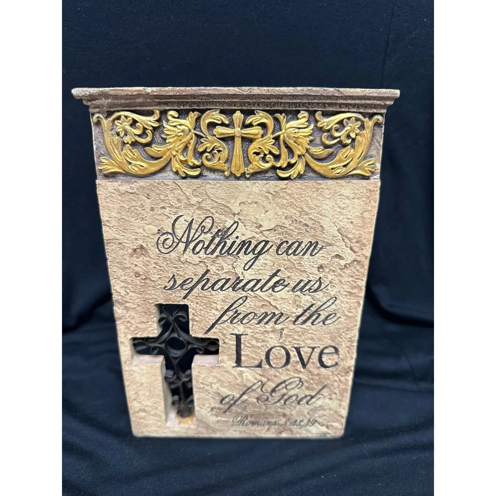 Religious Standing Plaque Tan Romans 8:38-39 Scripture‎ Cross Filigree Table Top